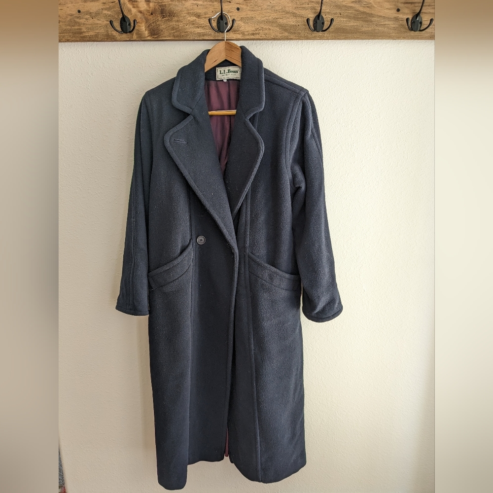 vintage L.L. Bean long navy wool trench coat